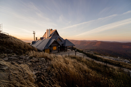 Chatka Puchatka at sunrise on Połonina Wetlińska in Bieszczady
