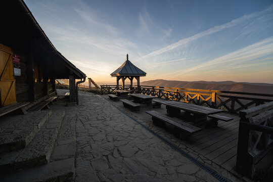 Chatka Puchatka at sunrise on Połonina Wetlińska in Bieszczady
