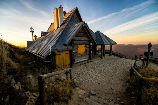 Chatka Puchatka at sunrise on Połonina Wetlińska in Bieszczady
