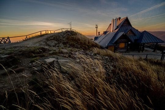 Chatka Puchatka at sunrise on Połonina Wetlińska in Bieszczady
