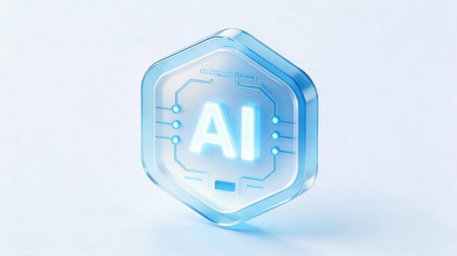 Transparent blue AI chip symbol with glowing circuitry inside a hexagonal glass frame on a minimal white background, idea for machine learning, automation and intelligent technology