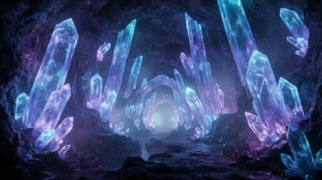 Glowing crystals inside cavern 
