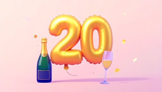 Birthday and Anniversary Celebration with Champagne and Gold Number 20 Balloon