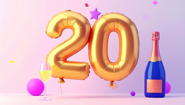 Birthday and Anniversary Celebration with Champagne and Gold Number 20 Balloon