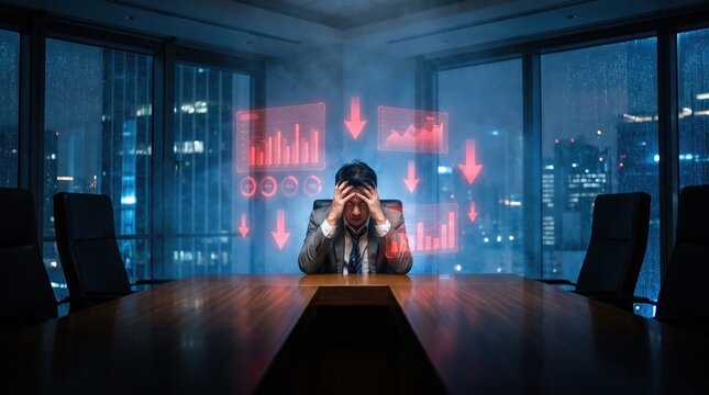 A stressed businessman sitting alone in dark boardroom facing falling red financial holographic charts at night.