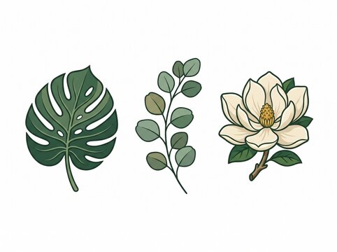 Botanical icon set with monstera leaf, eucalyptus branch, and magnolia flower vector illustration isolated

