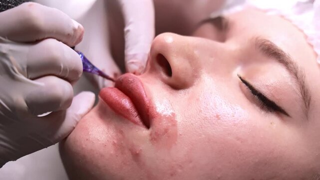 Cosmetologist injects dermal filler into the upper lip of a woman, Close view of a syringe during a professional lip enhancement in close view