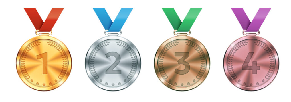 Vector icons of gold, silver, bronze, copper award medals related to sport and ranking, achievement and success. Realistic illustration, isolated on white background