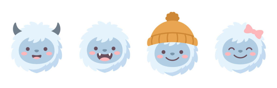 Four diverse yeti character faces wearing winter hats and bows with abominable snowman creature