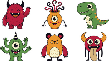 Cute cartoon monster and dinosaur character collection vector. Colorful spooky creatures, cyclops, horns, tentacles, alien stickers. © Rafikul