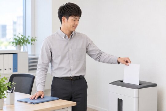 シュレッダーで書類を処理する日本人男性会社員