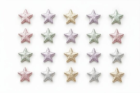 Seamless Pattern Layout of Multicolored Shiny Glitter Stars in Grid Alignment, Pastel Color Starry Rating, Decorative Craft Sparkle Elements, and Celebration Concept