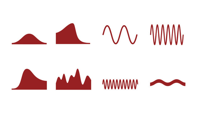 Set of eight red waveform data charts and sound frequency signals