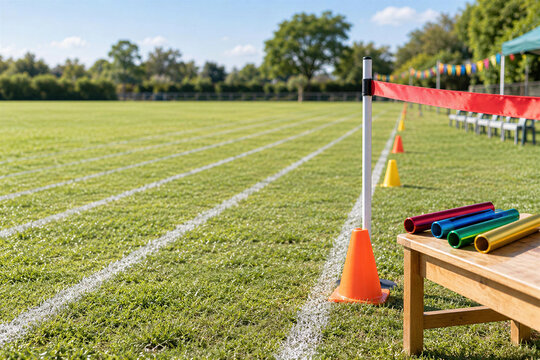 Sunny school sports day field with grass running lanes, red finish line tape, orange cones, colorful relay batons on wooden table