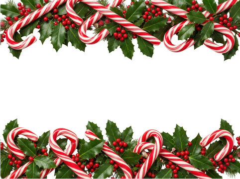 A festive border of candy canes, holly, and red berries isolated on transparent background. Perfect for creative holiday cards and winter season digital design.