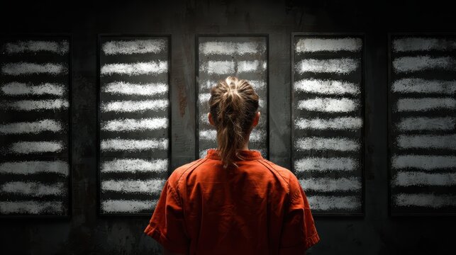 A person in an orange outfit stands facing four boards filled with white chalk markings on a dark wall.
