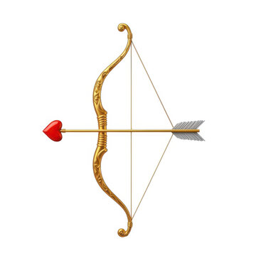Golden cupid bow and arrow with a red heart tip isolated on white background