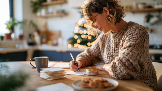 Rear three quarter view of a european person writing christmas cards at a kitchen table stack of cards and a pen mug and a tin of cookies light kitchen person writing