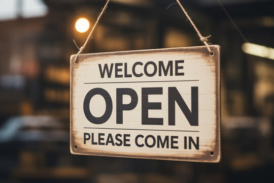 Welcome open please come in sign hanging on glass door of store to welcome customers inside.