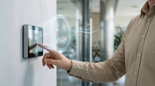 Professional man interacting with futuristic wall display for smart home climate control and temperature regulation system
