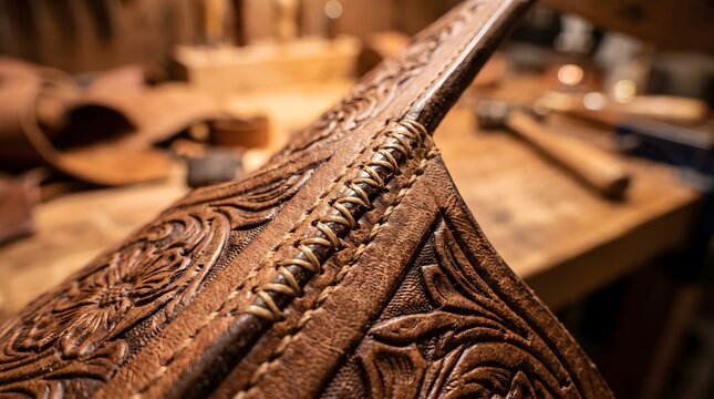 Vintage Handcrafted Leather Saddlery with Carved Floral Pattern, Detailed Hand Stitching on Rustic Leatherwork in Artisan Workshop