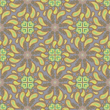 Seamless paisley and mosaic floral pattern on elegant grey background
