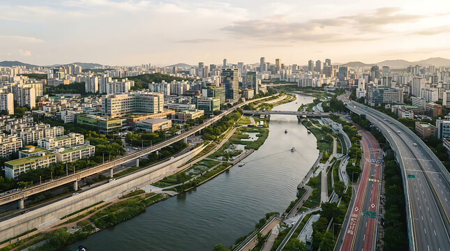 Aerial View of an Urban Riverfront Landscape with City Skyscrapers and Infrastructure at Golden Hour