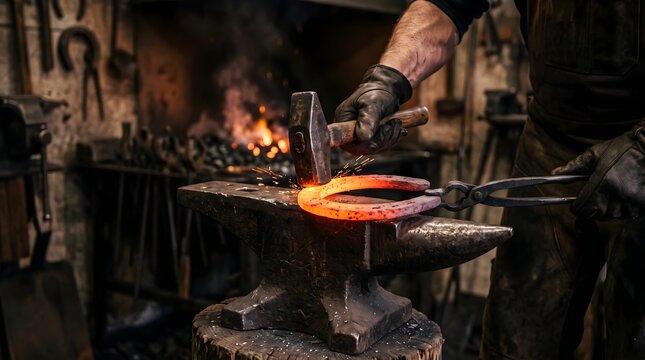 Blacksmith forging red hot iron horseshoe on steel anvil, artisan blacksmith hammering metal in rustic workshop, traditional metallurgy craft concept