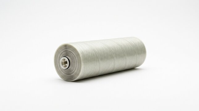 Reverse osmosis spiral wound membrane outer core, fiberglass polymer mesh for seawater desalination plant filtration. Macro precision hardware on white background.