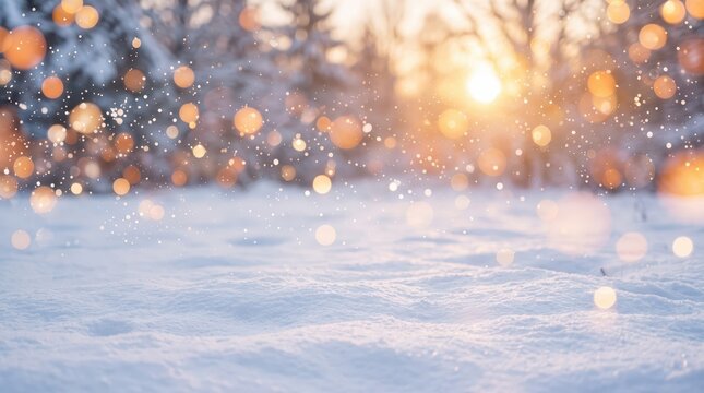 Abstract Christmas Background with Snowfall Texture and Blurred Silver and Golden Bokeh Lights