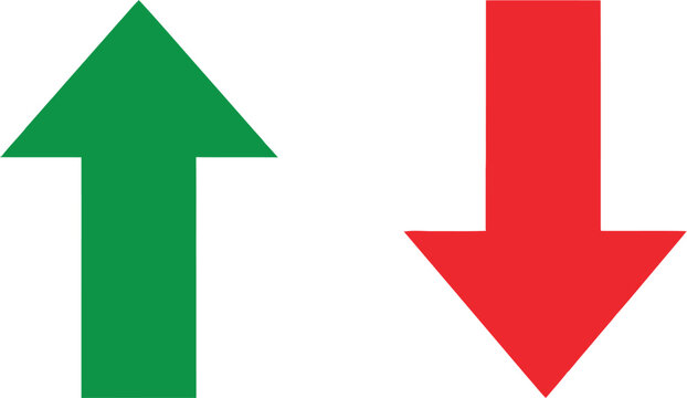 Green up arrow and red down arrow symbols for business growth and decline analysis