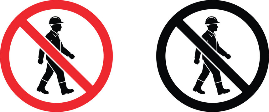No entry sign with construction worker icon and safety helmet symbol for restricted area warning