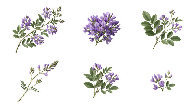 Botanical collection of purple wisteria flowers and green leaves arranged in five separate sprigs for floral isolated on a transparent background