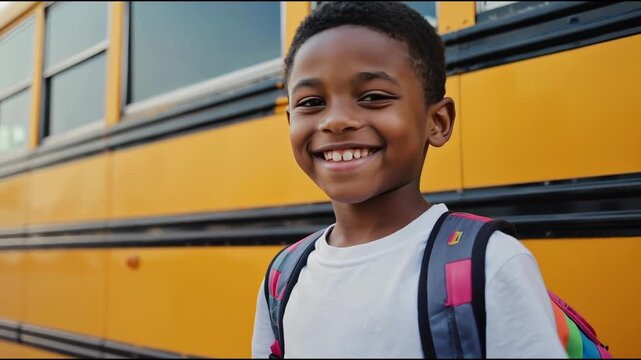 A young boy standing in front of a school bus, ready to go to school