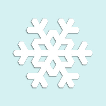 White snowflake icon with a geometrical silhouette and dropped shadow on light blue background. Suitable for winter or christmas themes and decorations.