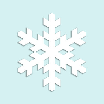 White snowflake icon with a geometrical silhouette and dropped shadow on light blue background. Suitable for winter or christmas themes and decorations.