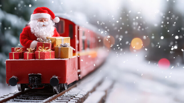 Santa Claus riding toy train with colorful presents, surrounded by snowy landscape and festive lights, evokes joyful holiday spirit