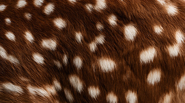 Close up view of the spotted fur of a deer or fawn, cervidae, showcasing soft brown hair and white spots as a natural texture background or pattern for wildlife designs and seasonal autumn concepts