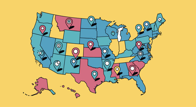Illustrated United States map vector illustration with multiple location pins, markers and colorful states design