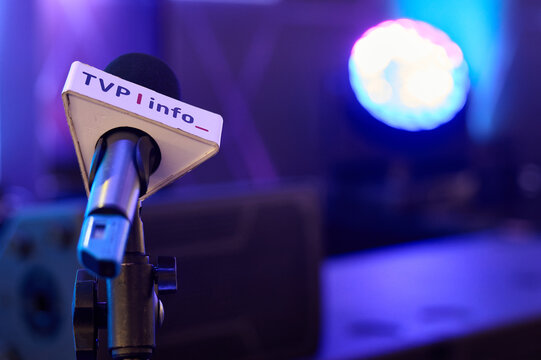 TVP Info microphone on a stand at a press conference stage, Gdansk, Poland