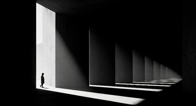 Lone Figure in a Vast Dark Concrete Corridor with Repeating Light and Shadow