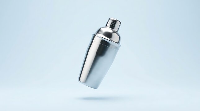 Shiny metal cocktail shaker floating in the air for making delicious alcoholic drinks at a party bar. cocktail shaker mockup