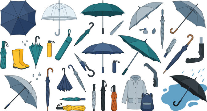 Flat vector illustration set of modern rain umbrellas waterproof raincoats rubber boots and autumn weather gear