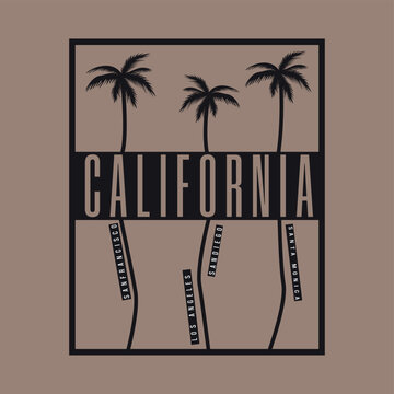California vintage poster vector illustration with palm trees, typography, Los Angeles, San Francisco and retro West Coast design