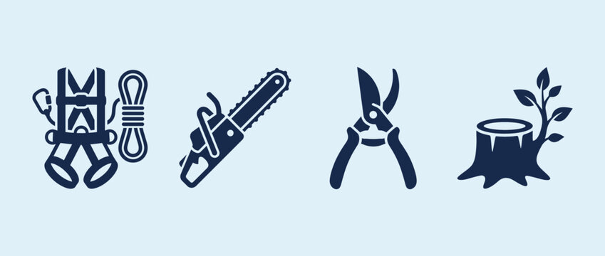 Gardening tools and equipment icons. Outdoor gardening implements and yard work symbols. Pruning shears, chainsaw, stump, hand saw. Minimalist flat design for labels, logos, websites. Vector.