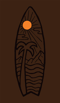 Surfboard vector illustration with tropical landscape, palm tree, sun, ocean waves and retro outdoor design