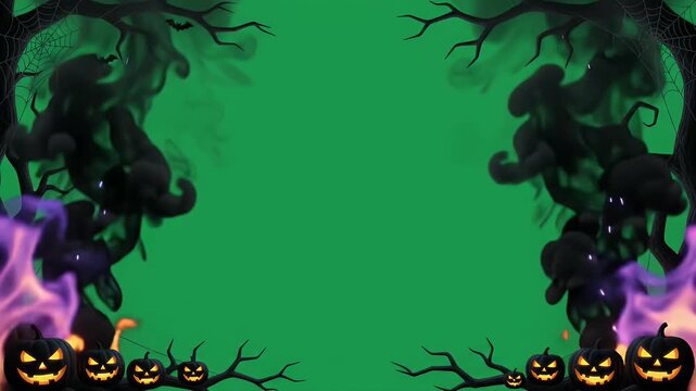 Spooky Halloween Smoke and Pumpkins on Green Screen - Dark, wispy black smoke rises from the bottom corners against a vibrant green background, framing a clear central space.