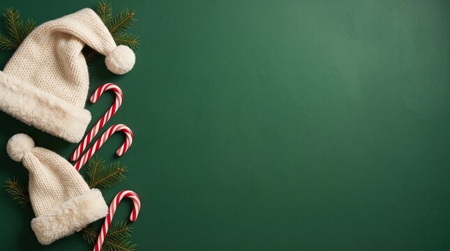 Santa Hats and Candy Canes Border on Dark Green Background Top View
