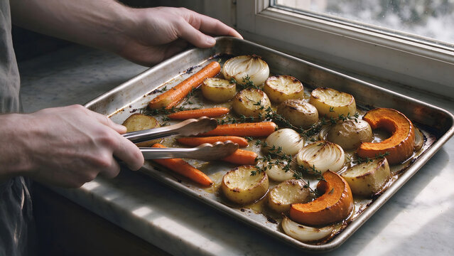 Chef Preparing Seasonal Roasted Root Vegetables on Metal Baking Tray