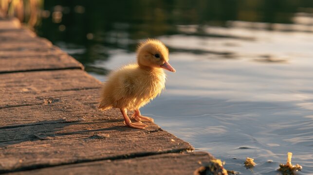 Small yellow duckling standing on wooden dock near calm water in warm natural sunlight during golden hour